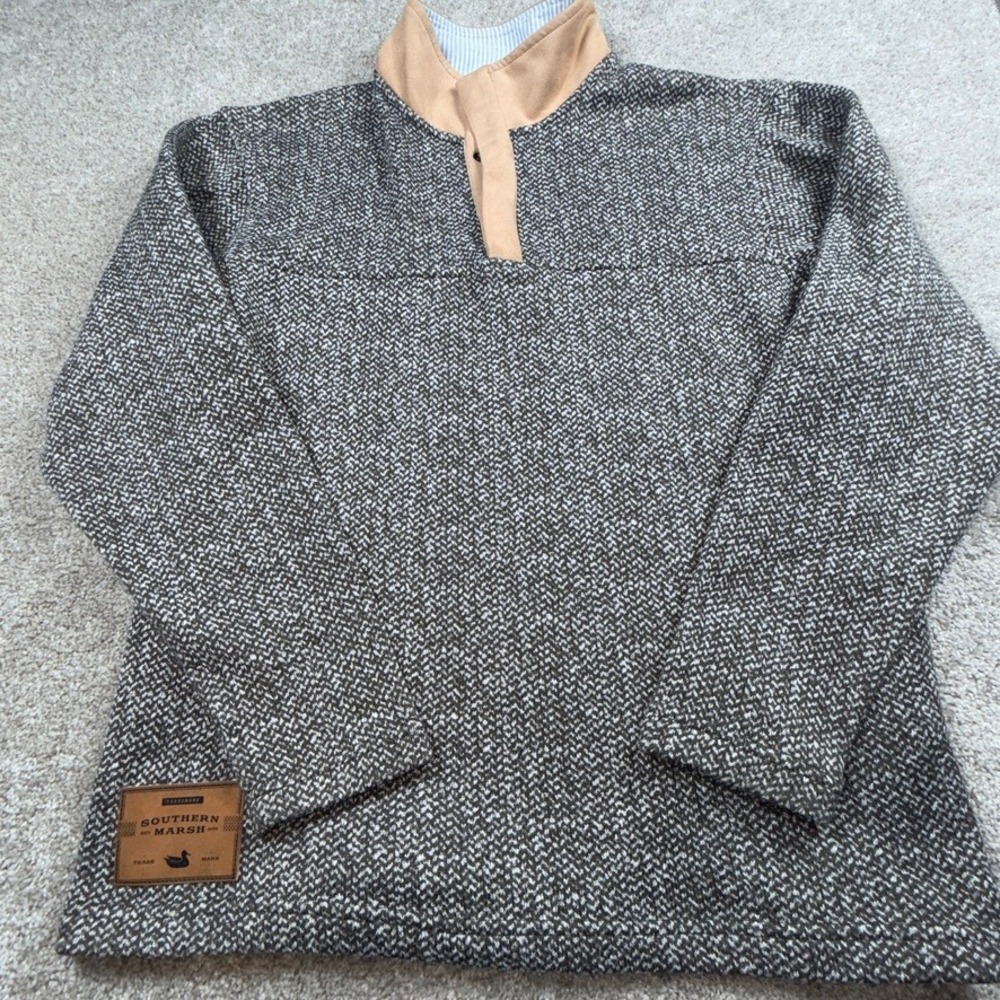 Southern Marsh Mens Brown Herringbone Quarter Snap Pullover Sweater Small